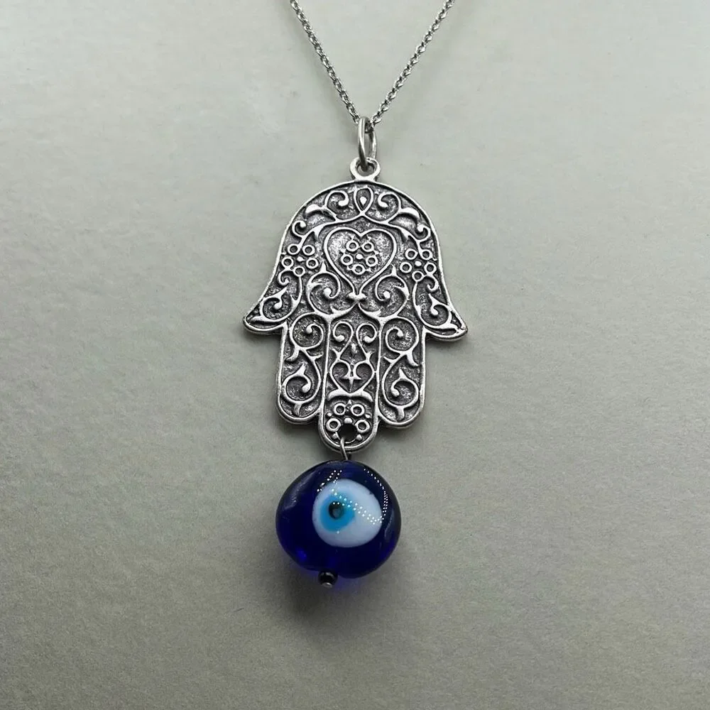 Lucky Hamsa and evil eye pendant necklace 18” boho festival